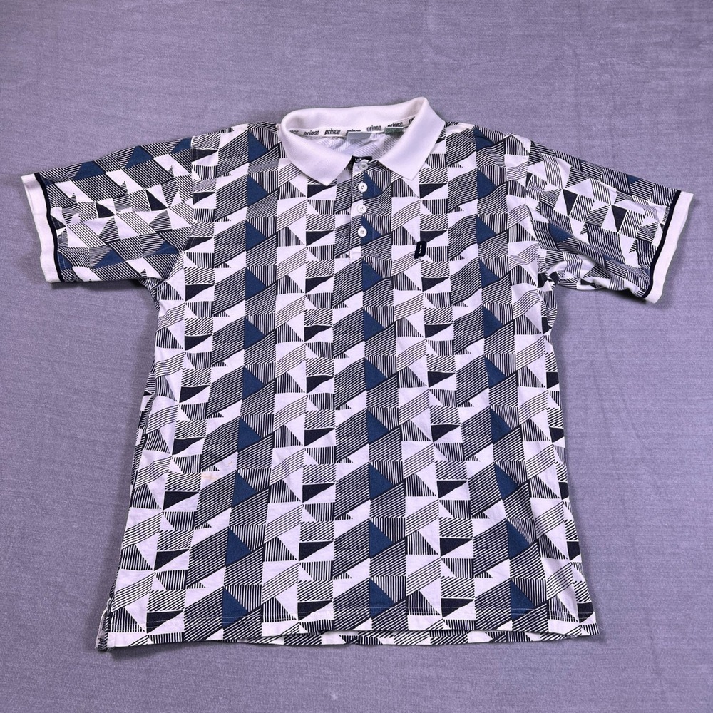 Vintage Prince Sportswear Mens Geometric Print Polo Shirt White Blue Medium